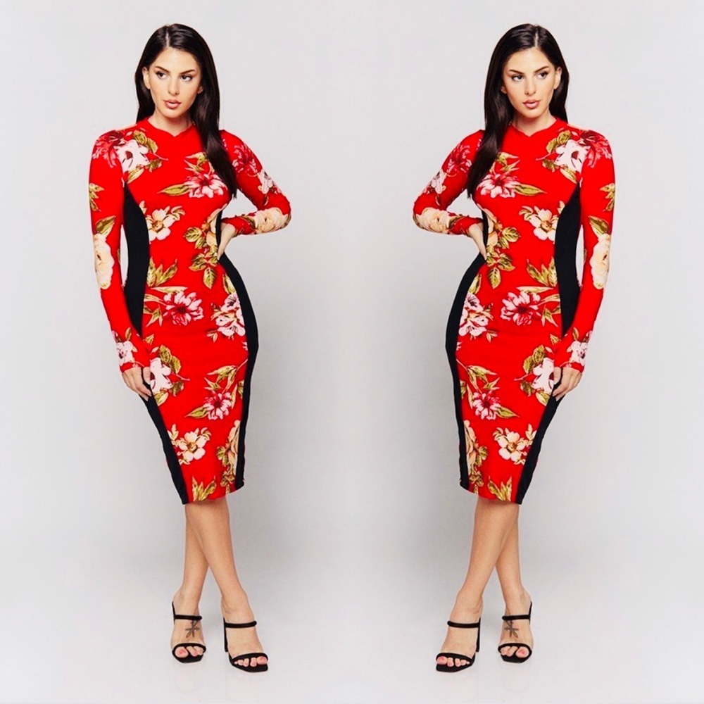 Long Sleeve Floral Print Fitted Midi Dress